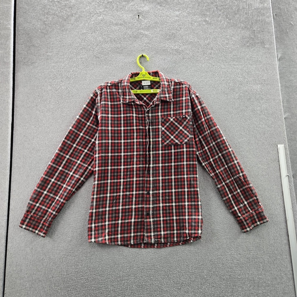 Etnies Men Button‎ Up Shirt XL Red Plaid Flannel Long Sleeve Logo Skate Grunge